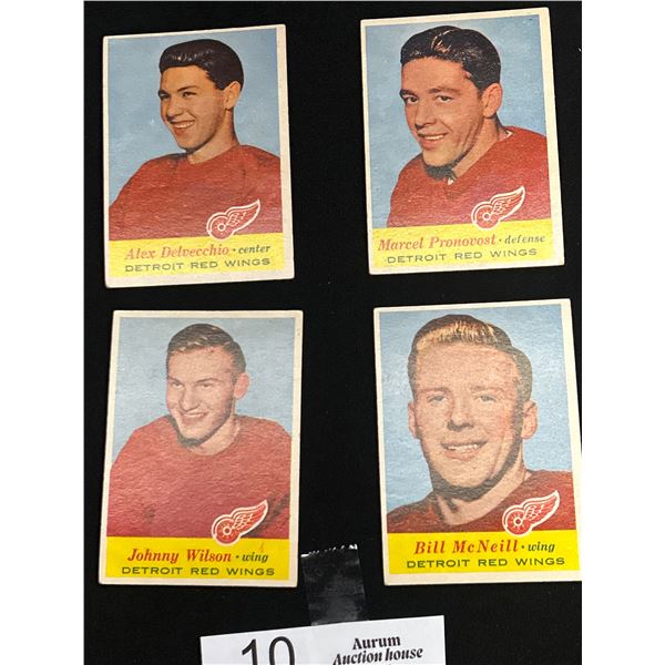 Lot of 4 1957 Detroit Redwings Trading Cards: Bill McNeil, Johnny Wilson, Marcel Pronovost, Alex Del