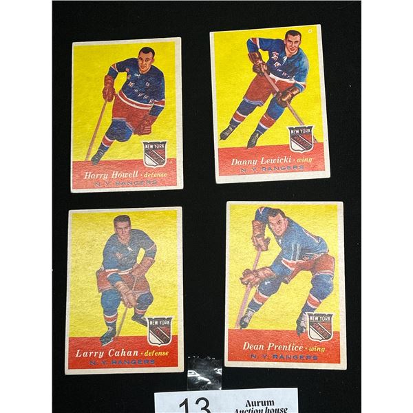 Lot of 4 1957 New York Rangers Trading Cards: Dean Prentice, Larry Cahan, Danny Lewicki, Harry Howel