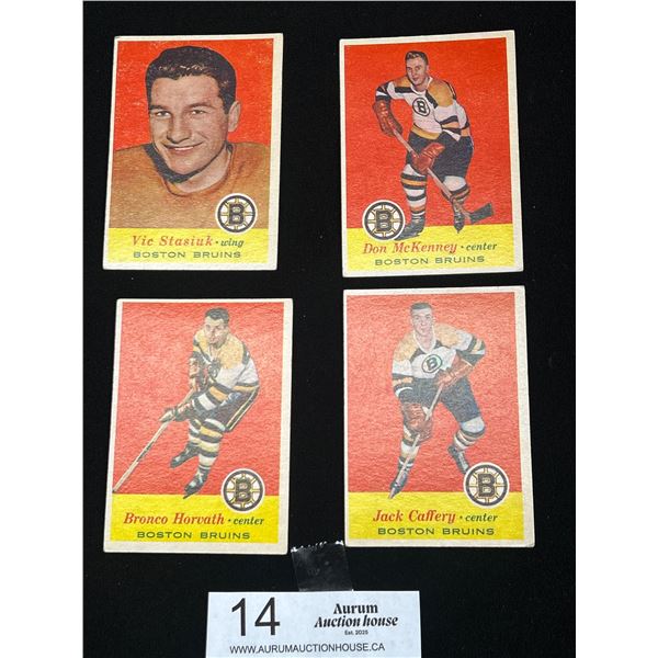 Lot of 4 1957 Boston Bruins Trading Cards: Vic Stasiuk, Bronco Horvath, Jack Caffery,  Don McKenney