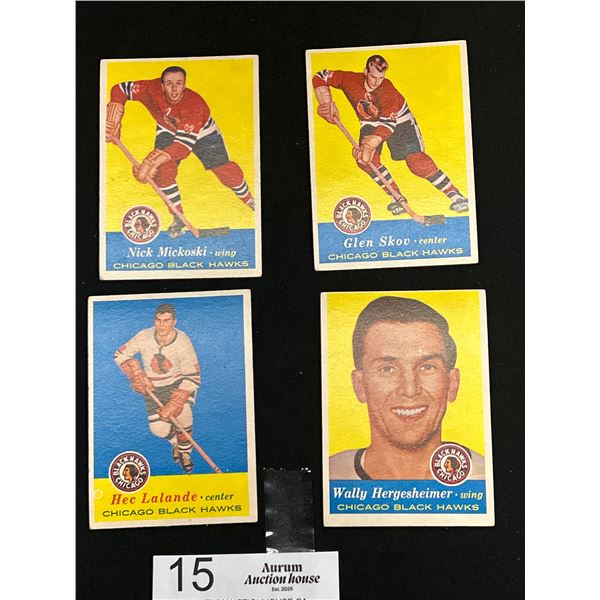 Lot of 4 1957 Chicago Blackhawks Trading Cards: Hec Lalande, Wally Hergesheimer, Glen Skov, Nick Mic