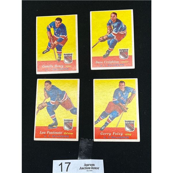 Lot of 4 1956-57 N.Y. Rangers Trading Cards: Camille Henry, Gerry Foley, Dave Creighton, Lou Fontina