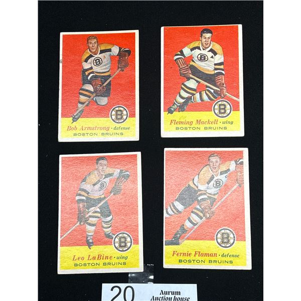 Lot of 4 1956-57 Boston Bruins Trading Cards: Bob Armstrong, Leo Labine, Fernie Flaman, Fleming Mack