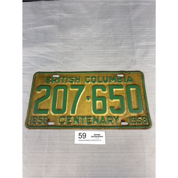 1958 Centenary British Columbia License Plate