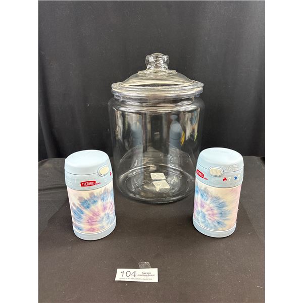New - Large Storage Jar and 2 New Kids Thermos'