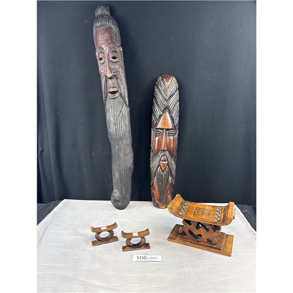 2 Wooden Wall Hanging Masks - Oriental Stand, Sword Holder