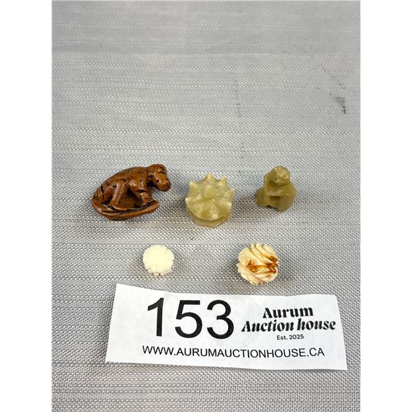 A Small Group of Miniature Asian Carvings Ivory, Soapstone +Nut