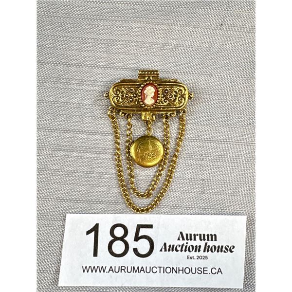 Vintage Cameo Gold Plated Brooch with Dangling Locket Very Lovely!