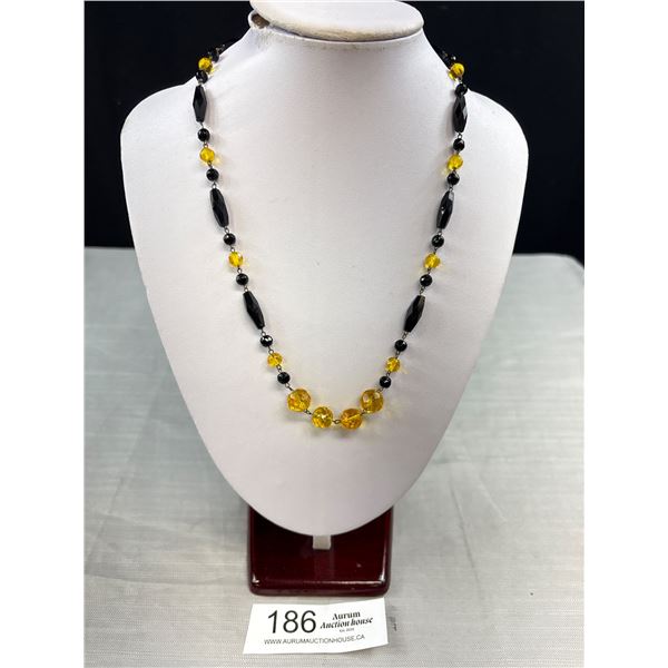 Genuine Antique Art Deco Faceted Citrine and Black Jet Glass Bead Necklace