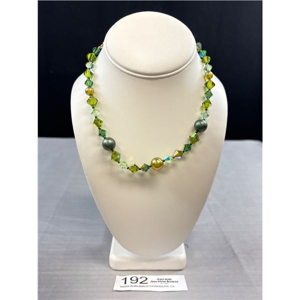 Unusual Olive Green Faceted Crystal Necklace Signed CORO