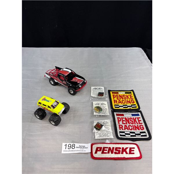 Lot of Cloth Car Patches + 2 Smaller Diecast Racing Trucks