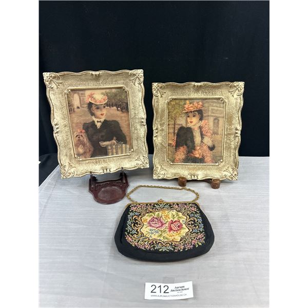 Lovely Fine Needlework Handbag (Germany) & Pair of Vintage Prints