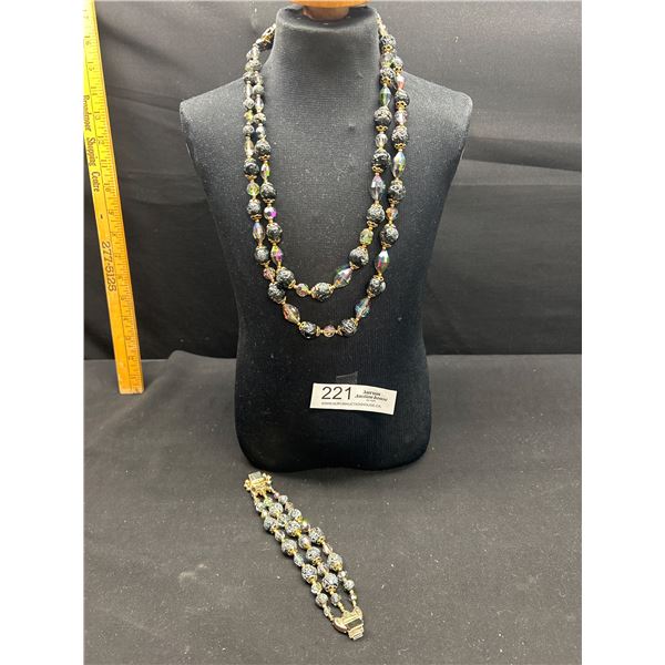 Gorgeous Signed Faceted Crystal & Black Bead Necklace & Bracelet (Stone Missing on Bracelet Clasp)