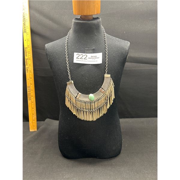 Statement Silvertone Fringe Necklace w/ Turquoise Centre Stone