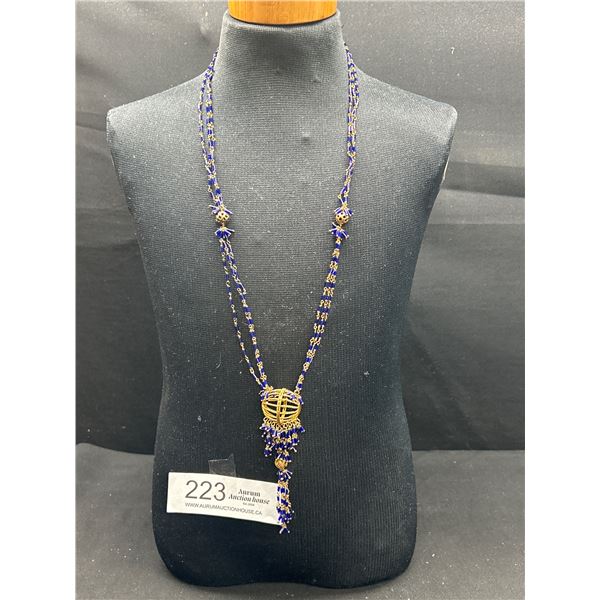 Fabulous French Art Deco Style Long Filifree & Cobalt Blue Czech Glass Beaded Station Necklace