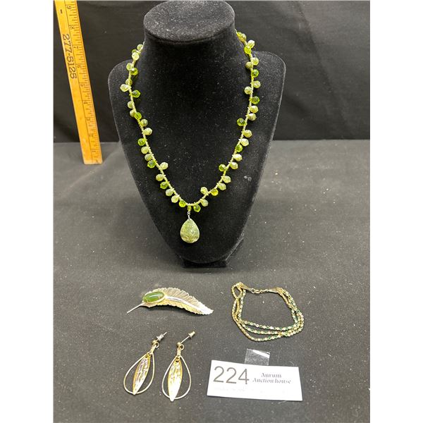 Vintage Costume Jewelry - Brooch w/ Jade Stone, Cut Stone & Crystal Necklace, Bracelet w/ Green & Cl