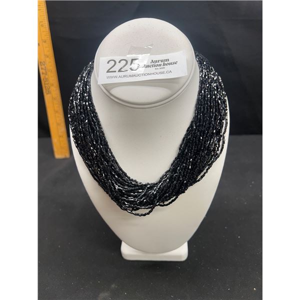 Stunning Multi Strand Statement Necklace w/ Fine, Black, Cylindrical Glass Beads & Bold Clasp