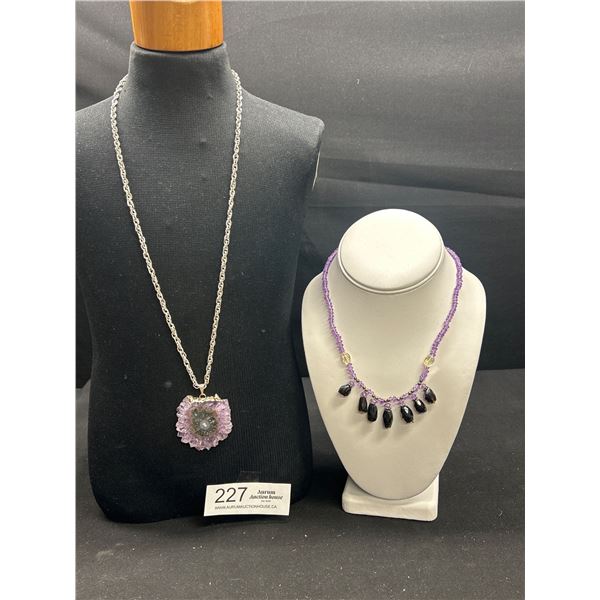 Vintage Amethyst Slice Necklace & Amethyst Glass Beaded Necklace