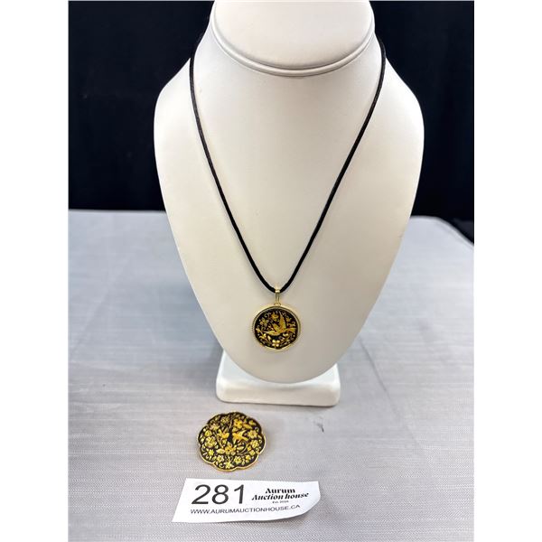 Vintage Black Enamel Gold Brooch Necklace Baroque Beauty!