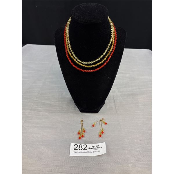 c.1960's Quality Orange Yellow Rare Crystal Necklace Earrings Marked 14K