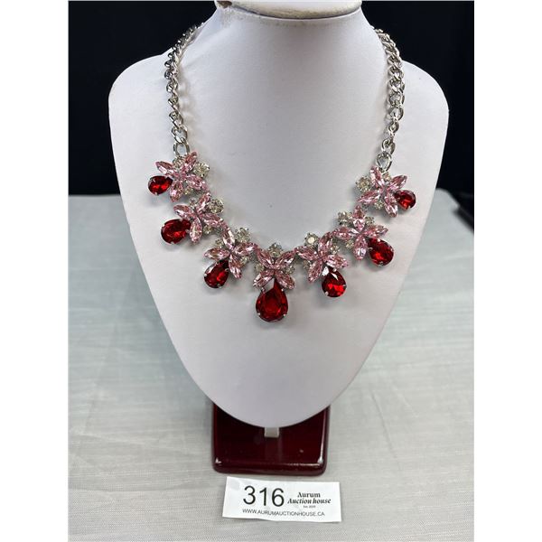 Massive Vintage Red + Pink Rhinestone Necklace Show Stopper!