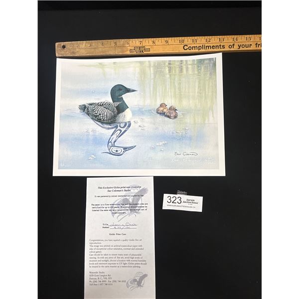 13" x 9.5" Signed West Coast Native Print Loon and Chick by Sue Coleman with Paperwork