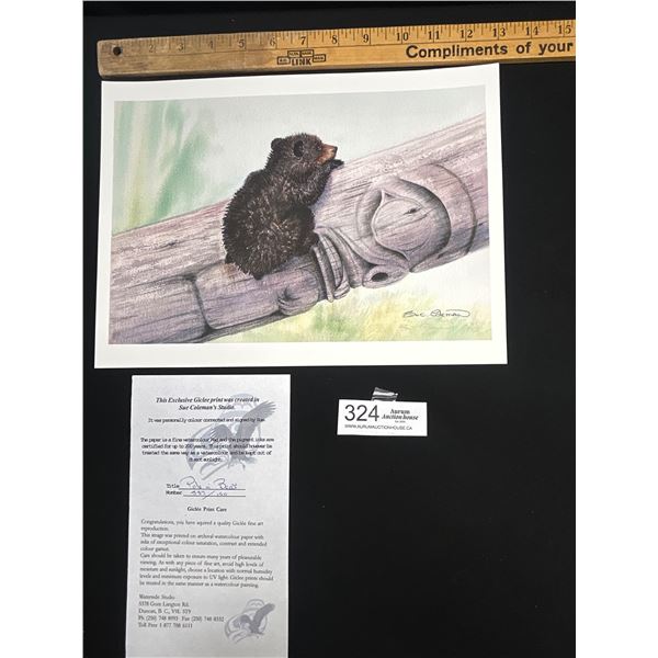 13" x 9.5" Signed West Coast Native Print Pole n' Bear by Sue Coleman with Paperwork