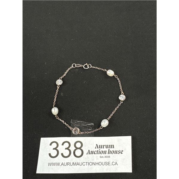 Lovely Vintage Sterling Silver w/ Genuine Pearls + Sparkling Stone Beads Bracelet, 7" Length, Marked