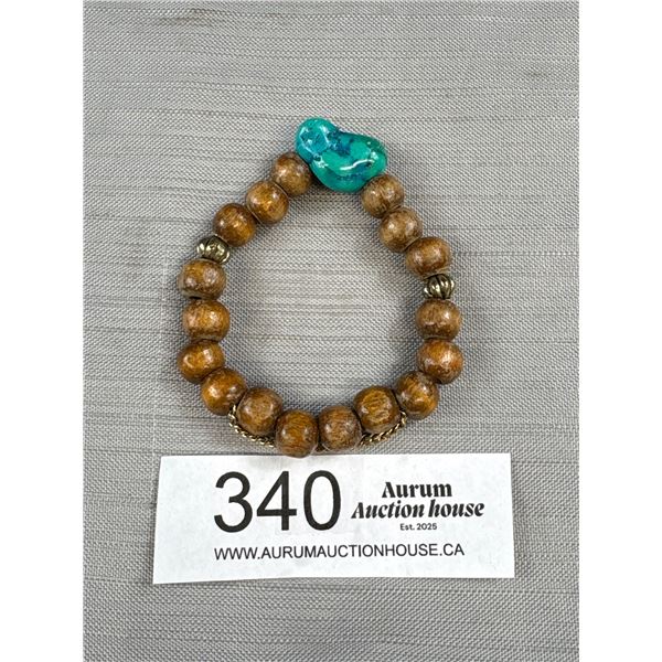 Vintage Wooden Beads w/ 2 Silver Spacers + Natural Turquoise Stone Bracelet
