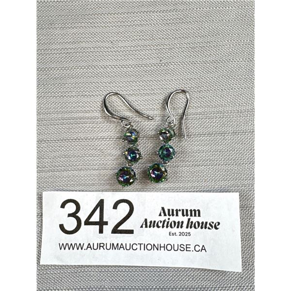 Pair of Sterling Silver w/ 3 Mystice Topaz Stones Each Dangle Earrings, 1 Inch Length Each