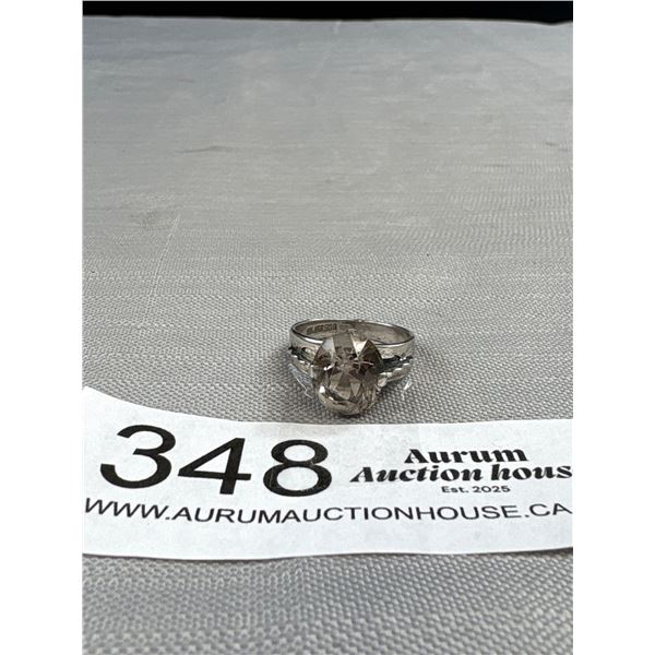 German Silver w/ Light Color Smokey Topaz Stone Ring, Marked Silver 900, Size 6 1/2.