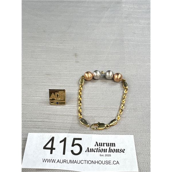 Tri-Colour Gold Bracelet Signed Birks Gold Pin