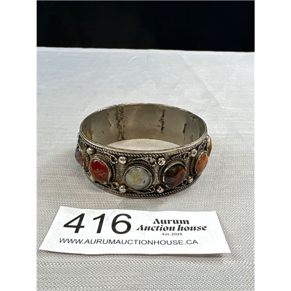 Vintage Genuine Agate Stone Silver Wide Bangle, Eye Catching