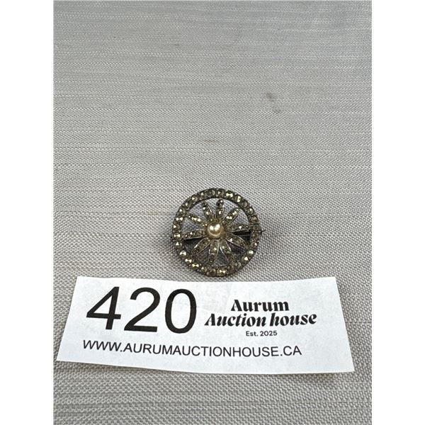 Antique c.1920 French Hallmarked Silver Brooch Set with Marcasite