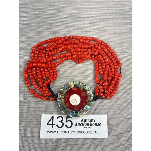 Native American Coral Colour Beads w/ Hand  Crafted Abelone, Coral + Mother of Pearl Center Bracelet