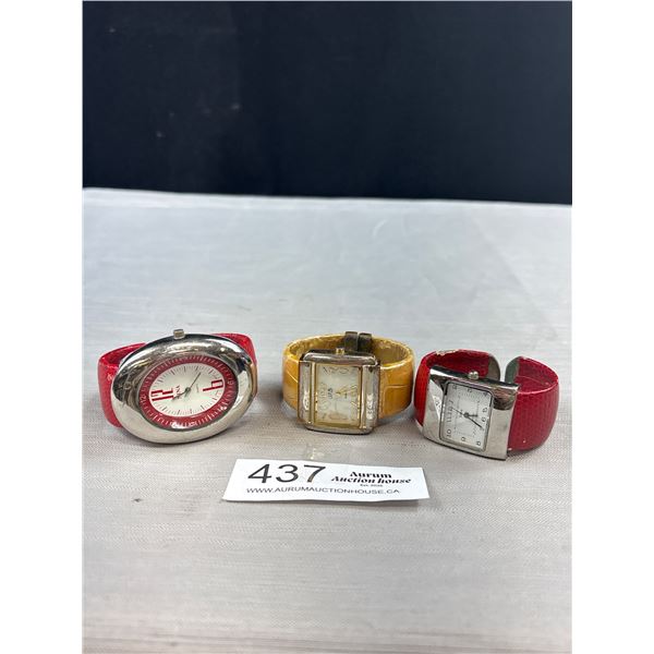 3 Snake Skin Leather Open Cuff Link Quartz Watch Bangles, Marked JAS Eikon + Nina E.T.C. Co. LTD, Al