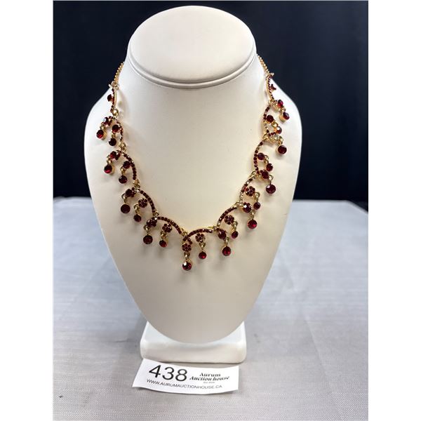 Lovely Gold Plated w/ Red Stones Choker Necklace 16-18" Length Unmarked