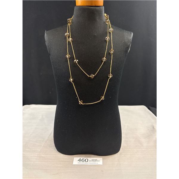 Extra Length Gold Plated Chain w/ Crystal Glass Beads Necklace Marked HLN 44" Length