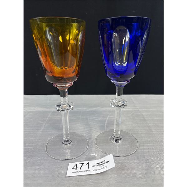 Pair of Vintage Large Cobalt Blue + Amber Crystal Glass Stem Goblets