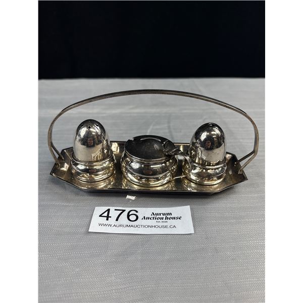 Vintage Silver Condiment Caddy Set Salt/Pepper/Mustard E.P.N.S Made in England