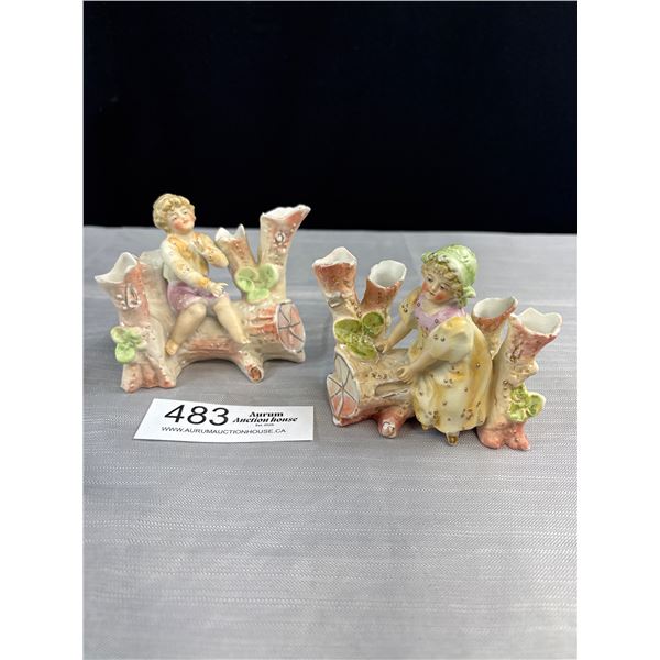 Pair of Vintage Bisque Ornametal Figurines Bud Vase Sets