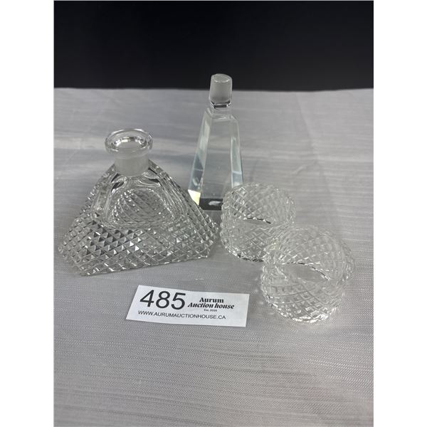 Crystal Decanter w/ Stopper + Pair of Crystal Napkin Rings