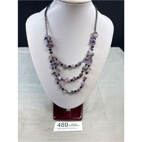 Black Alaskan Diamond Hemetite Stones + Genuine Amethyst Stones Beads Necklace