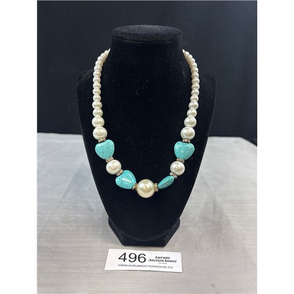 White Faux Pearls + Turqouise Necklace
