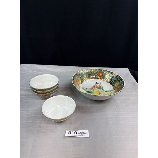 Vintage Gold Guilded + Hand Painted Bowl Chinese + 4 Matching Small Bowl Set