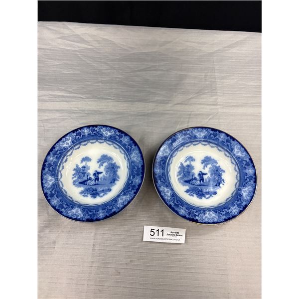 2 Antique WATTEAU Burslem Doulton England Flow Blue Porcelain Dishes