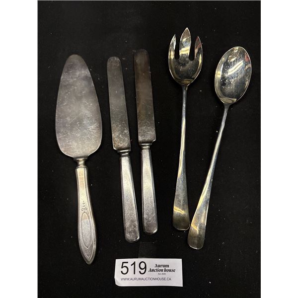 Vintage Silver Cake Server, 2 Butter Knives + Salad Spoon + Fork Set