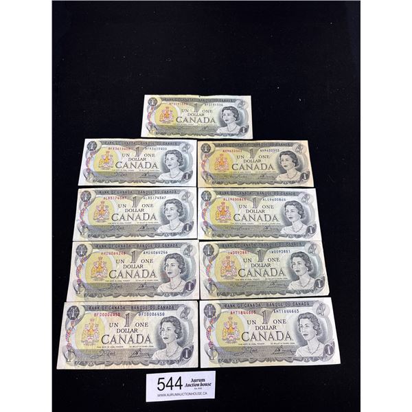 Lot of 9 1973 Canadian $1 Bank Notes