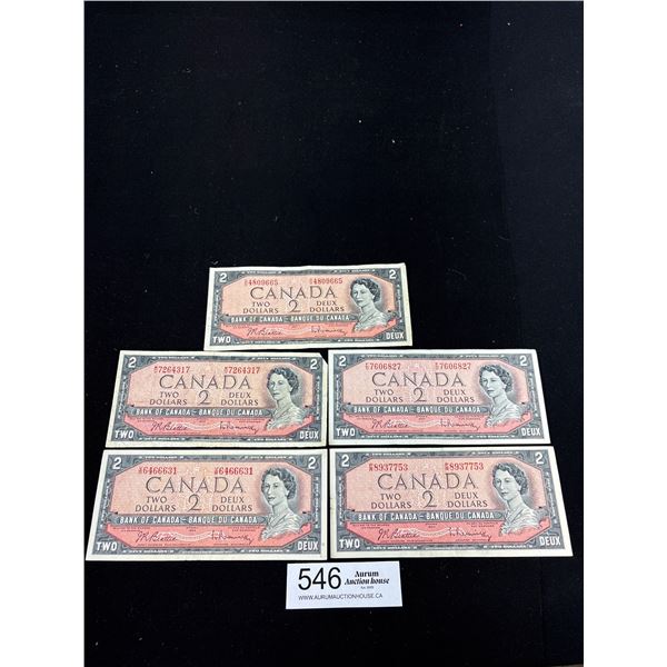 Lot of 5 Canadian $2 Bank Notes