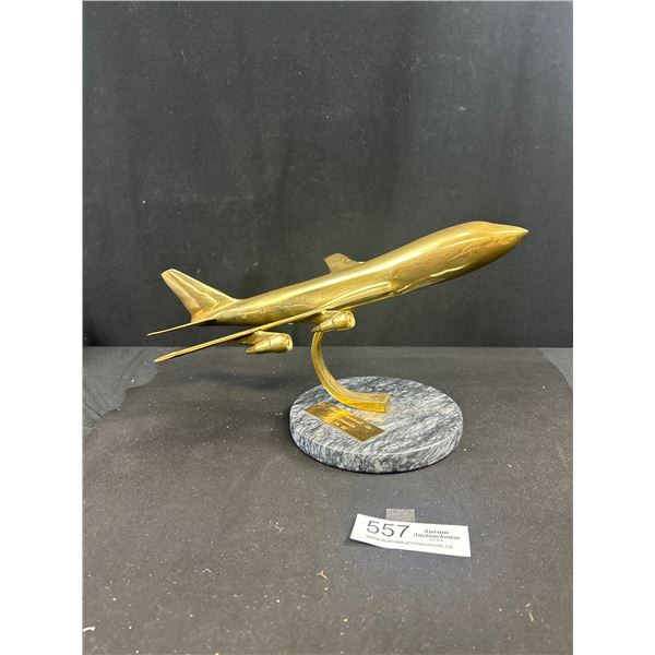 Heavy Solid Brass Plane on Marble Bass, 14" L 13" W