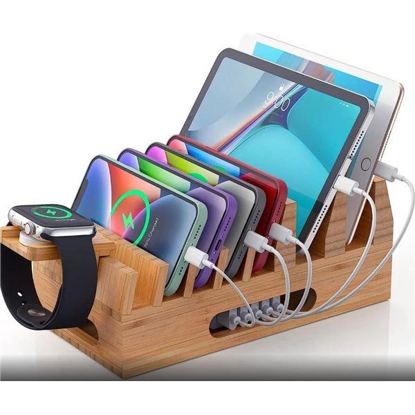 Bamboo Charging Station/Wood Desktop Charging Station Organizer for Multiple Devices - New!